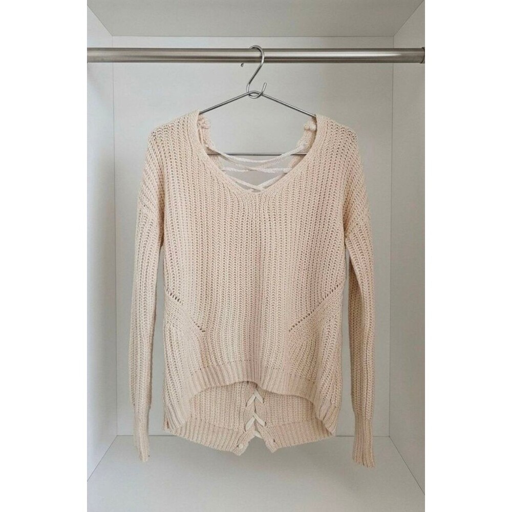✨ American Rag Cie Cream Lace-Up Back V-Neck Knit Sweater- Small ✨